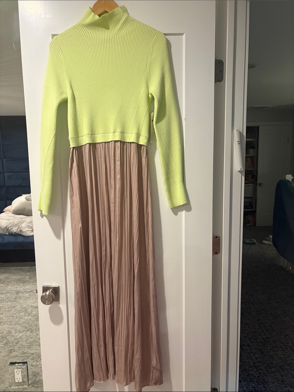 Anthropologie Neon Lime Ribbed Top with Taupe Pleated Maxi Skirt